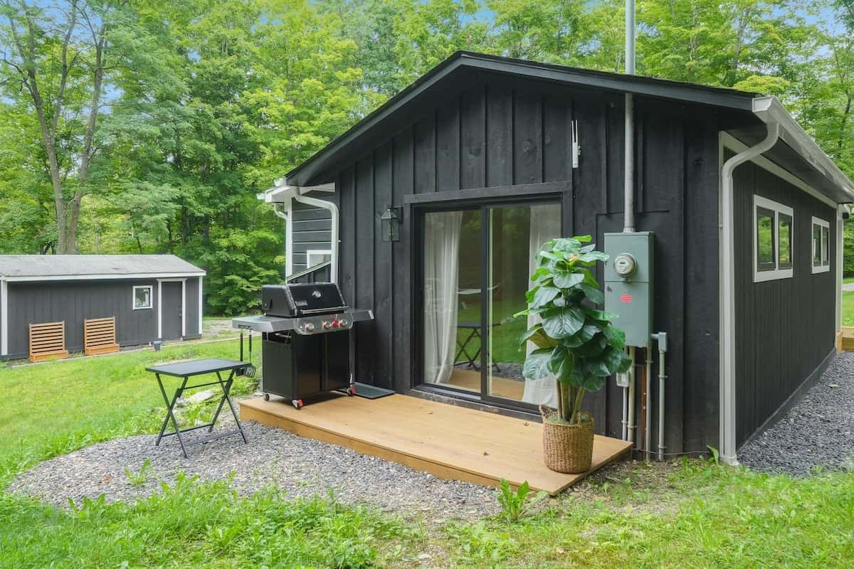 The back of the cabin: a sliding door onto a small patio with the grill and a potted plant